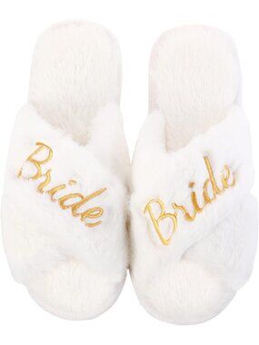 Bride Slippers Gold Faux Fur White Fuzzy Bachelorette Party Bridal Shower Gifts